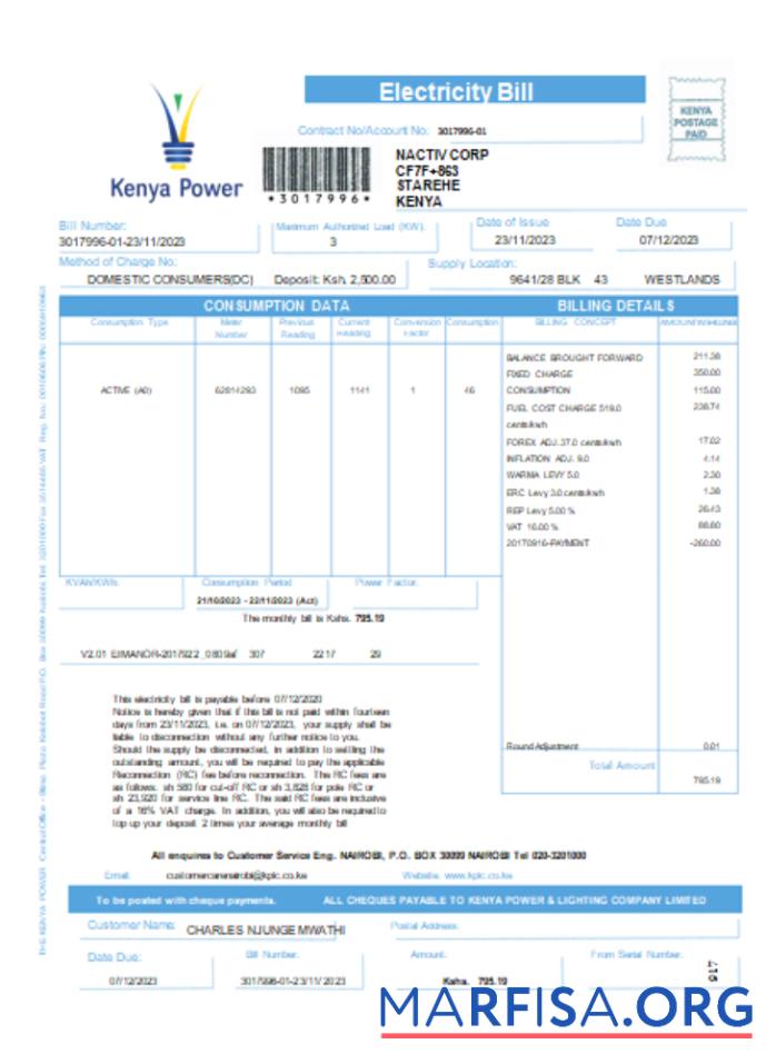 Blank Kenya Power utility business bill, SCR real example